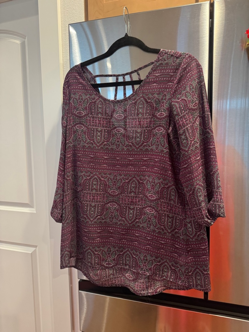 Maurices Burgundy Patterned Scoop Neck Tunic with Strappy Back Detail
